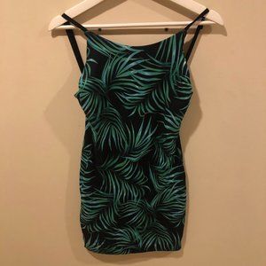 Form-Fitting Tropical Mini-Dress - Green Fronds